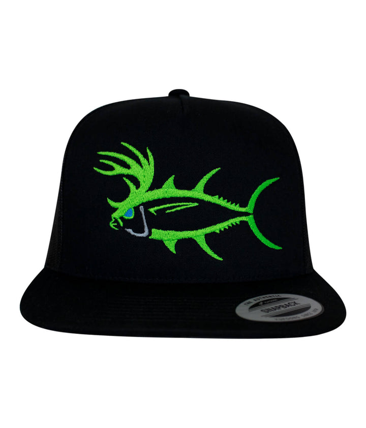 Black trucker hat featuring an embroidered green fish design, perfect fishing hat for outdoor activities.