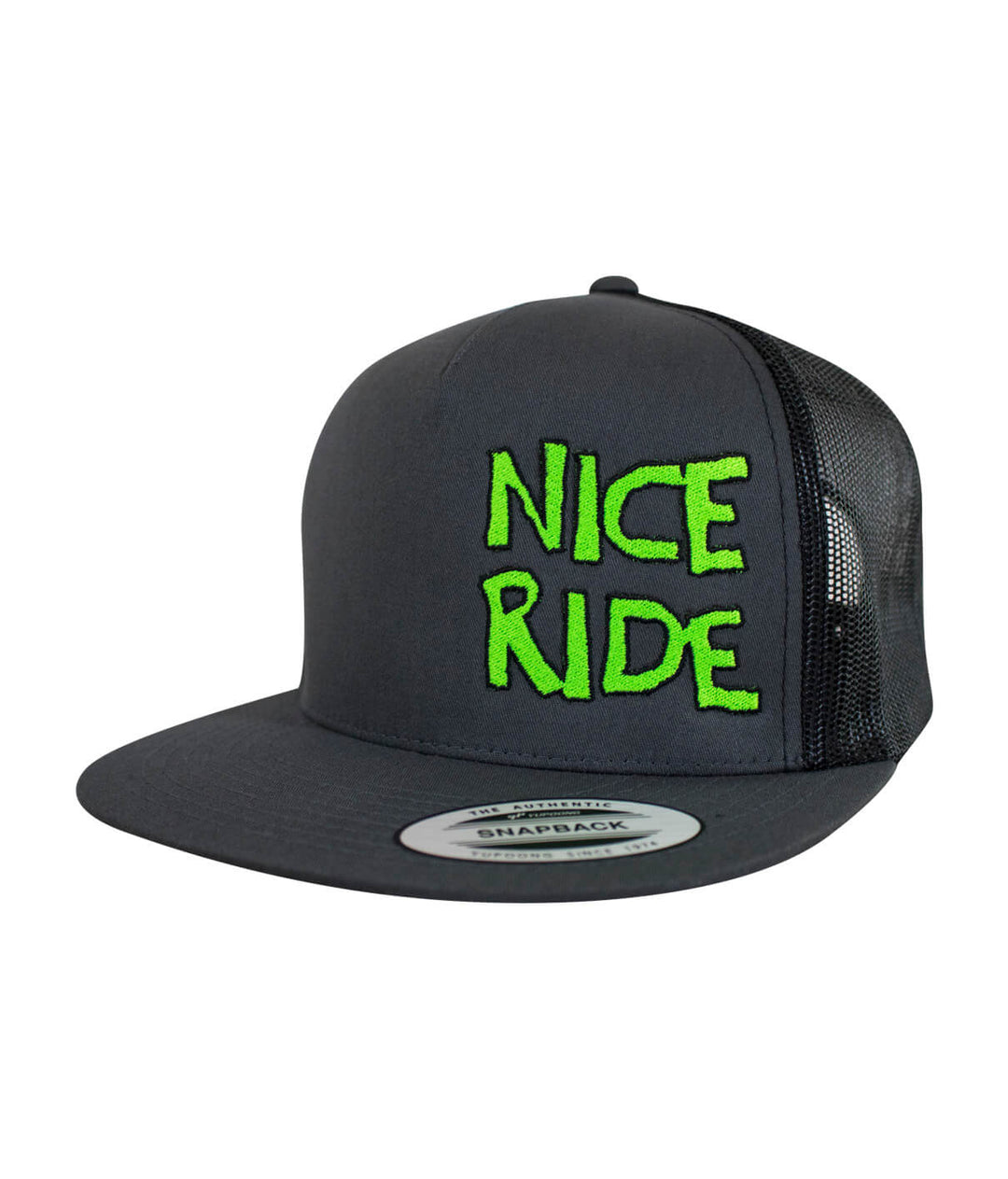 CR-Ride trucker hat featuring vibrant green embroidery on a classic snapback design, perfect for outdoor adventures.