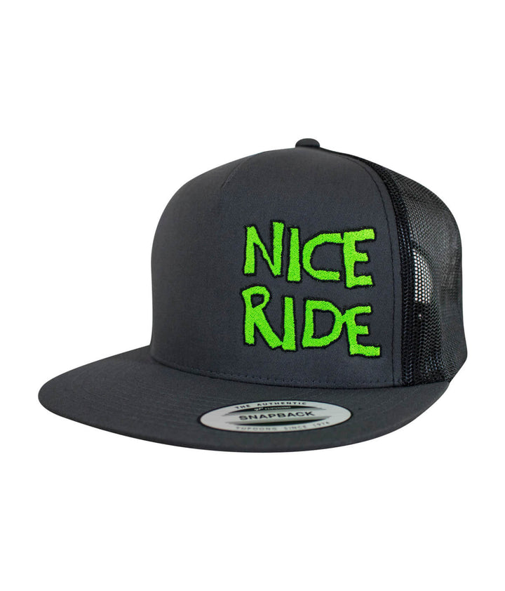 CR-Ride trucker hat featuring vibrant green embroidery on a classic snapback design, perfect for outdoor adventures.
