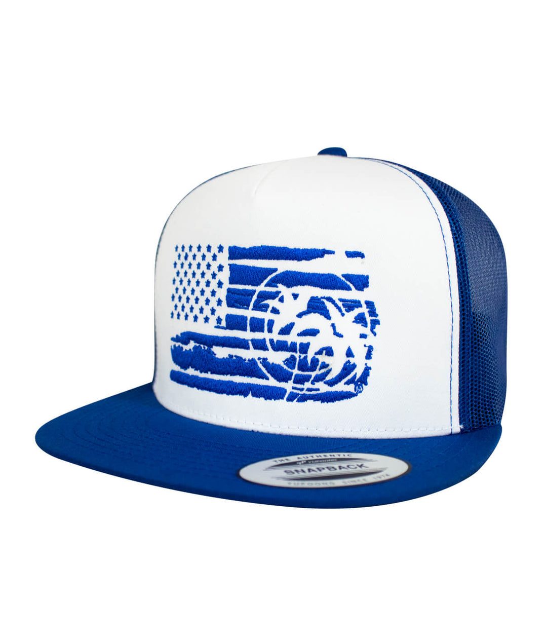 Strong Faded Hat featuring blue embroidery on front and traditional trucker design.