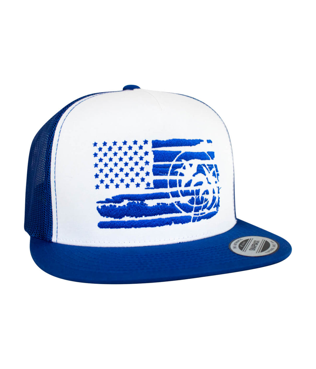 Strong Faded Trucker Hat featuring an embroidered design and blue mesh panels, ideal for casual wear.