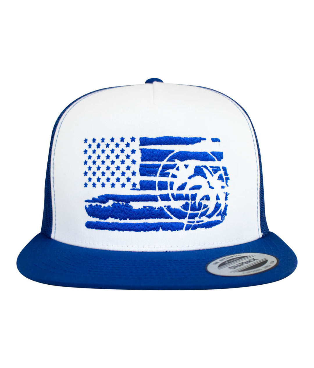 Strong Faded Trucker Hat featuring a blue and white U.S. flag design, focus on cap style and embroidery details.