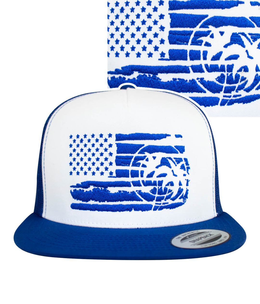 Strong Faded Trucker Hat with embroidered flag design and NICERIDE logo on front.
