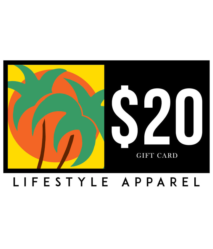 $20 gift card for Lifestyle Apparel featuring tropical palm trees decoration.