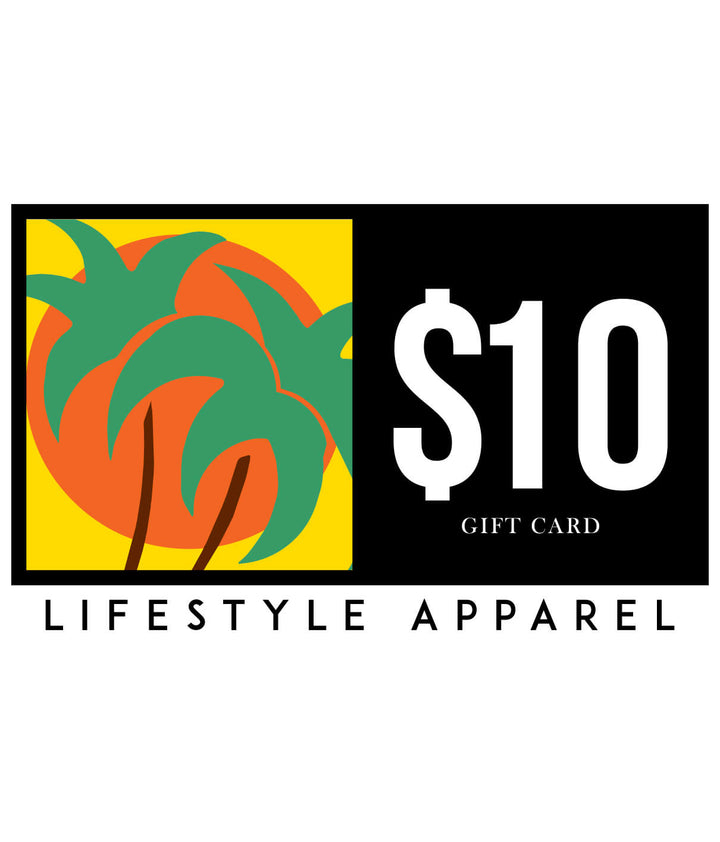 $10 gift card for Lifestyle Apparel featuring palm trees and vibrant design.