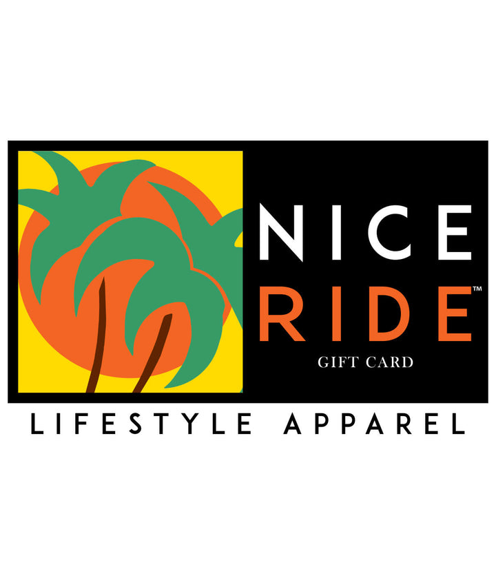 NICERIDE gift card featuring tropical design for lifestyle apparel. Perfect gift card for special occasions.