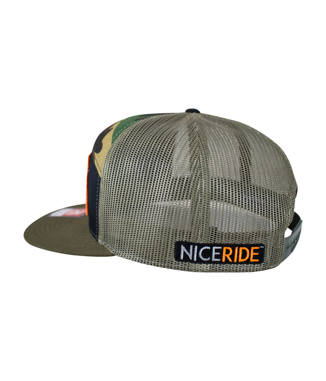 Back view of "Palm Patch" 7 Panel Trucker Snapback Cap for men and women featuring NICERIDE logo.