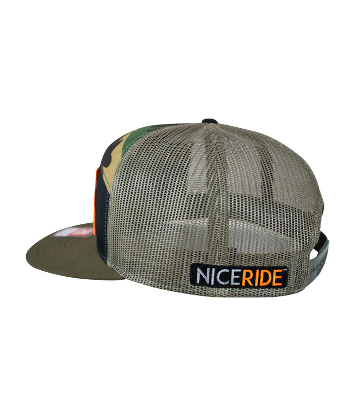 Back view of "Palm Patch" 7 Panel Trucker Snapback Cap for men and women featuring NICERIDE logo.