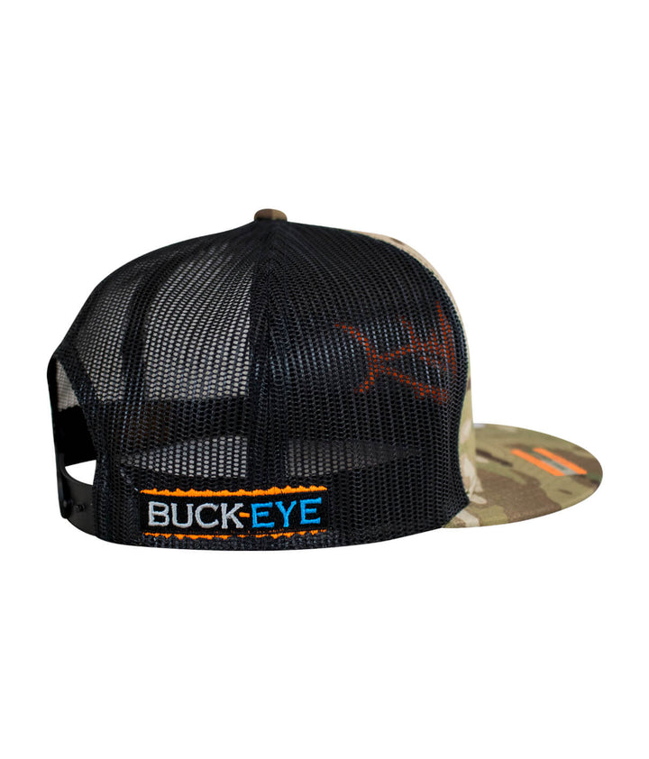 Back view of the "Buck-Eye 3-D" unisex snapback trucker hat showcasing the embroidered logo and camouflage design.
