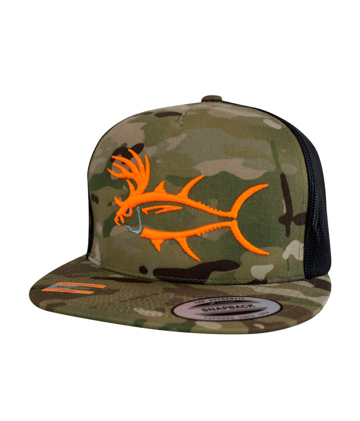 Buck-Eye 3-D unisex snapback trucker hat with camo design and embroidered fish logo, ideal hat for outdoor events.