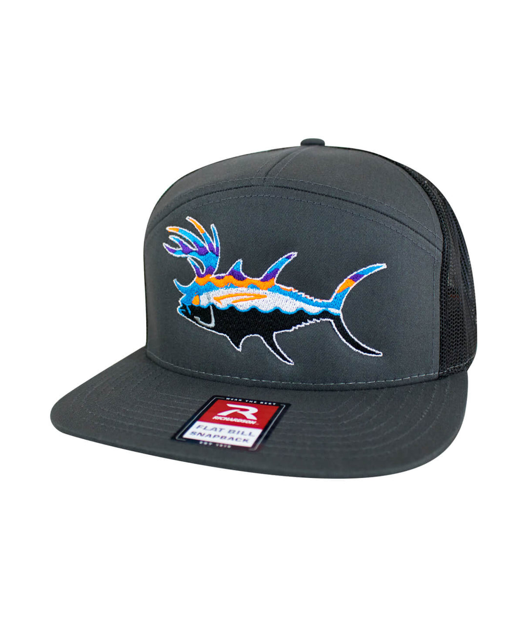 BUCK- EYE hat featuring a colorful fish design on a flat bill trucker cap with a black mesh back.