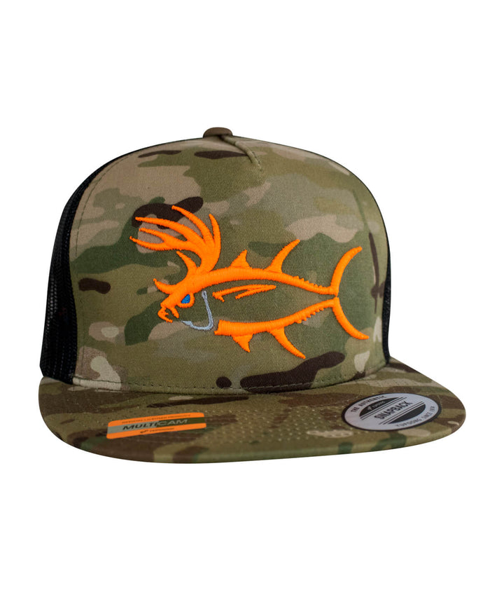 Buck-Eye 3-D hat in Multicam Tropic with orange fish embroidery on the front and black mesh backing.