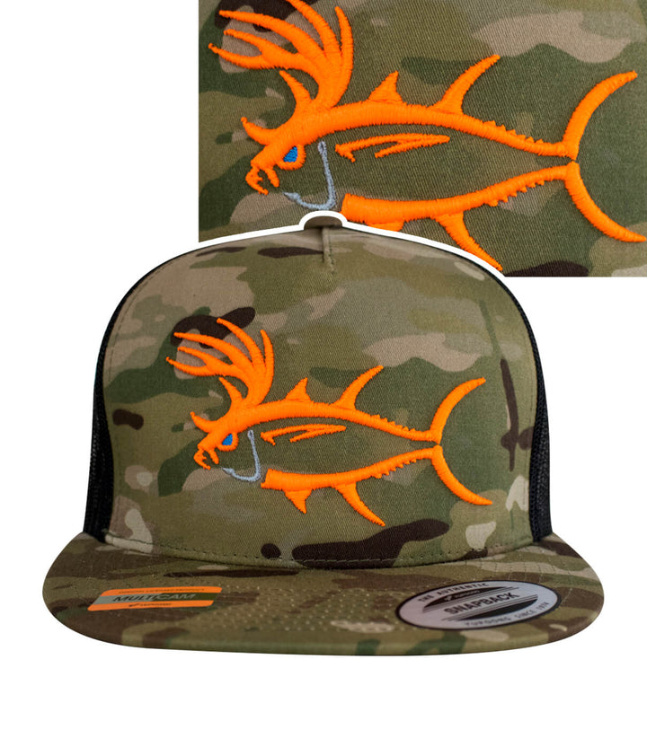 A camouflage cap with an orange fish embroidered on it.