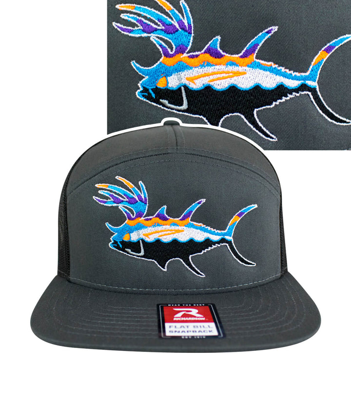 BUCK- EYE Explorer 7 Panel Trucker Hat showcasing colorful fish design embroidered on the front.
