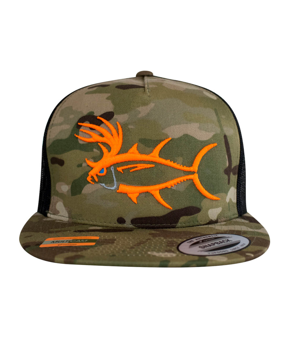 Buck-Eye 3-D unisex snapback trucker hat in camo with orange fish design, perfect hat for outdoor enthusiasts.