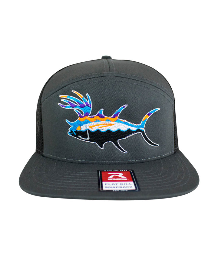 Front view of a trucker hat with colorful embroidered fish design, perfect for outdoor enthusiasts.
