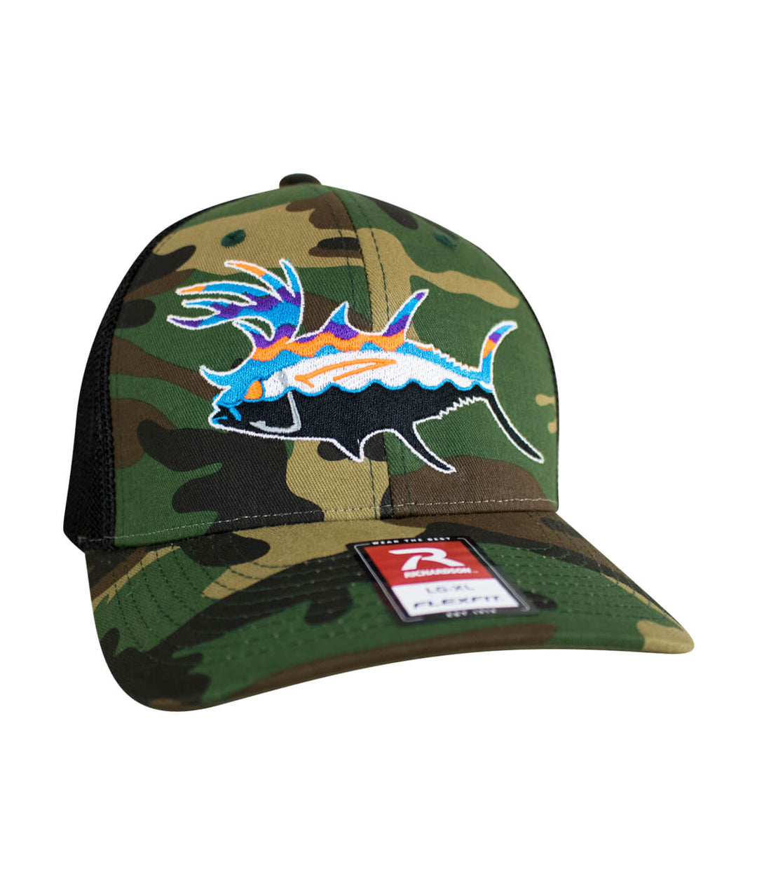 Buck-Eye Explorer hat with camouflage design and embroidered fish logo, stylish baseball cap for outdoor enthusiasts.