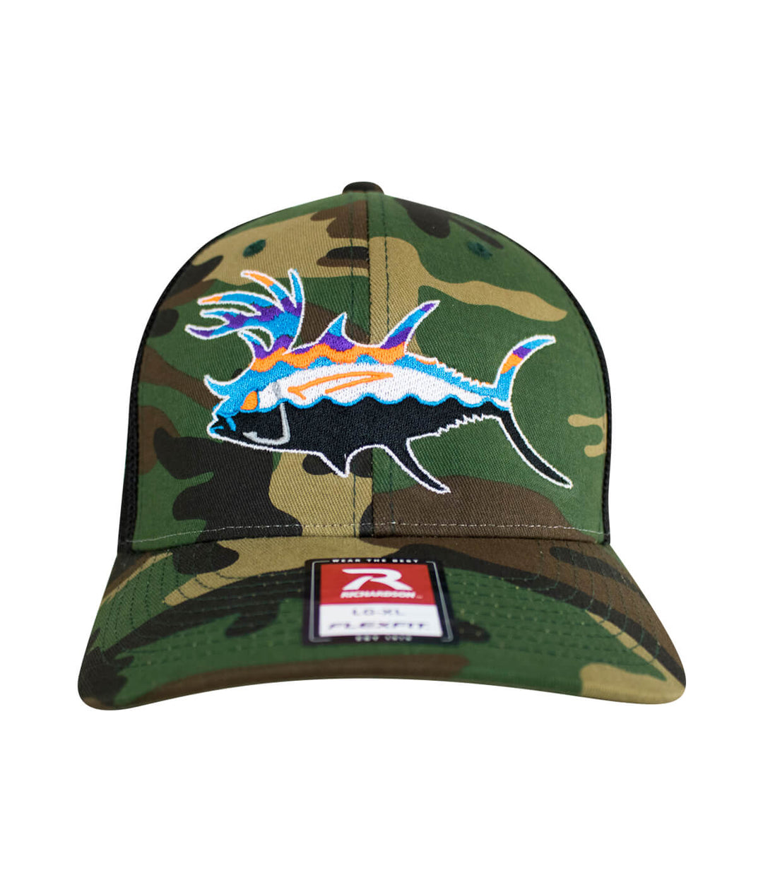 Buck-Eye Explorer hat featuring a colorful fish design on a camouflage background.