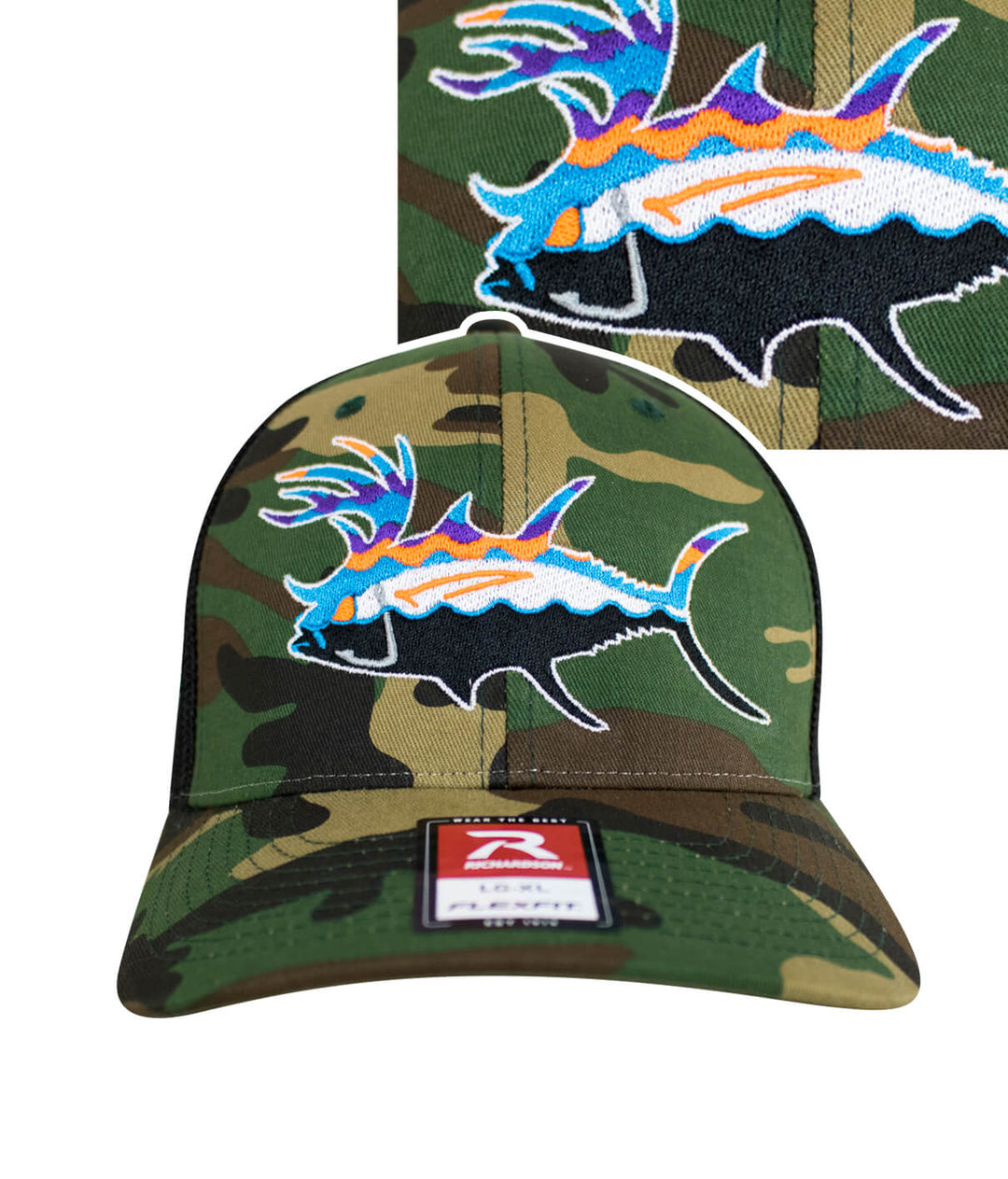 A camouflage cap with a fish embroidered on it.
