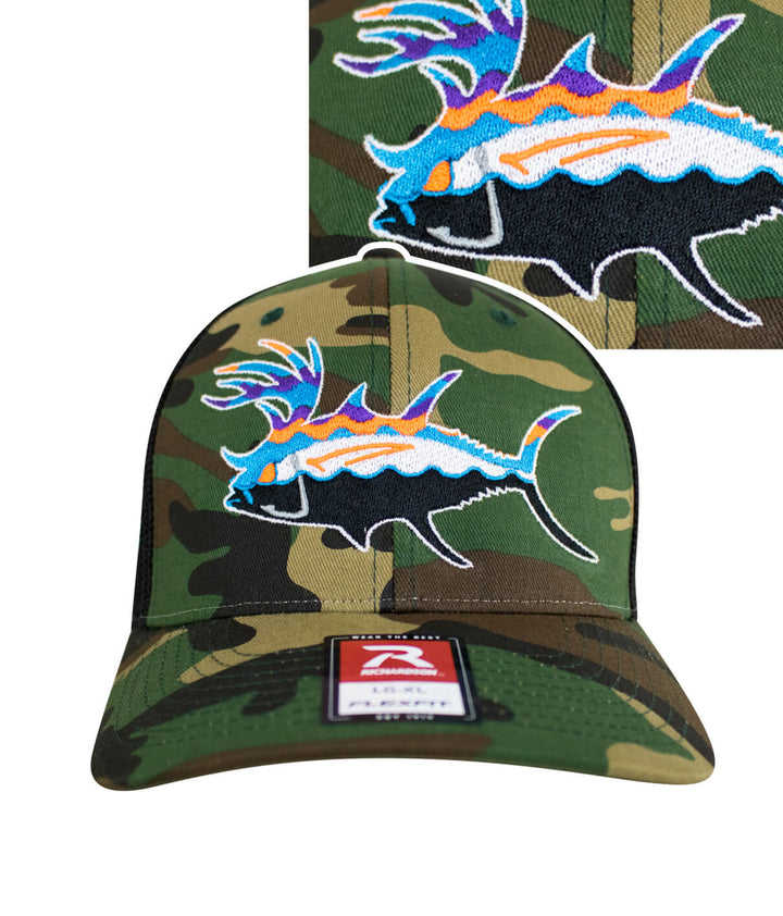 A camouflage cap with a fish embroidered on it.