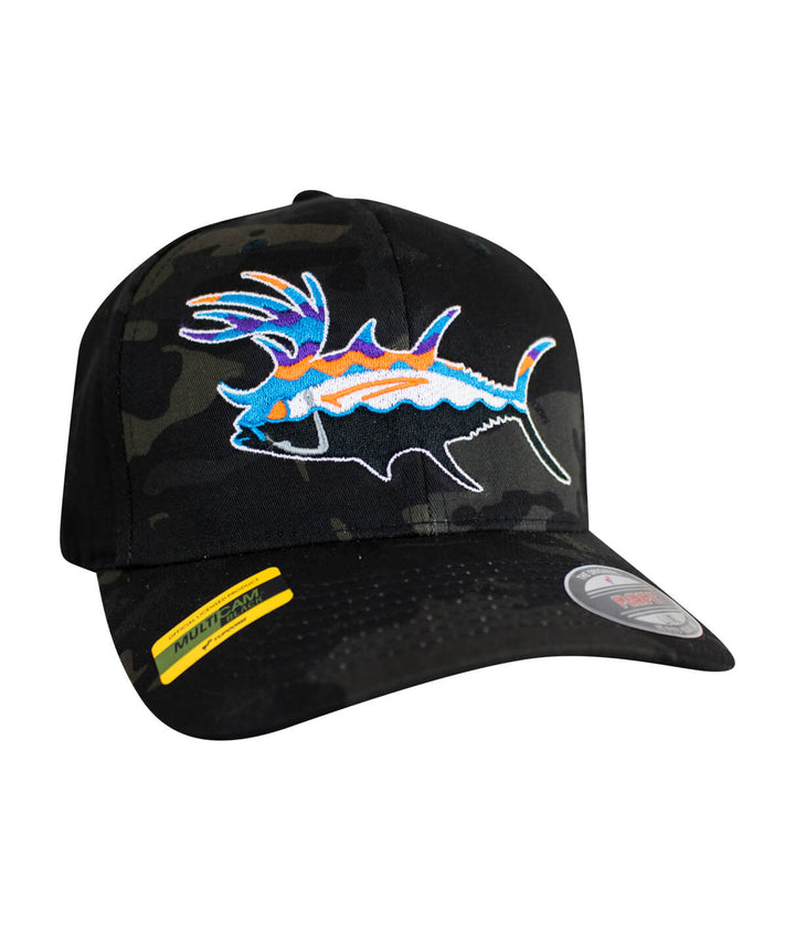 Buck-Eye Explorer unisex multicam classic Flexfit hat featuring colorful fish embroidery.