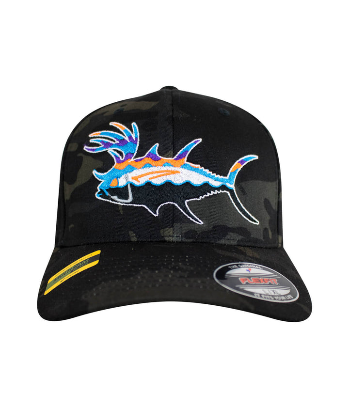 Buck-Eye Explorer unisex multicam classic flexfit hat with embroidered fish design, perfect fishing hat for outdoor activities.