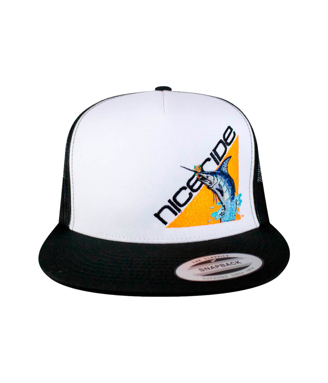 Fin, Set, Sail trucker hat with NICERIDE design and blacked out palm logo embroidered.