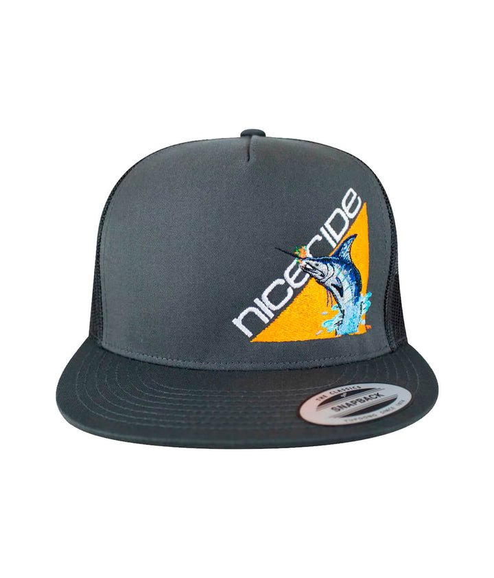 Fin, Set, Sail trucker hat with NICERIDE logo and marlin design, a comfortable baseball cap for outdoor adventures.