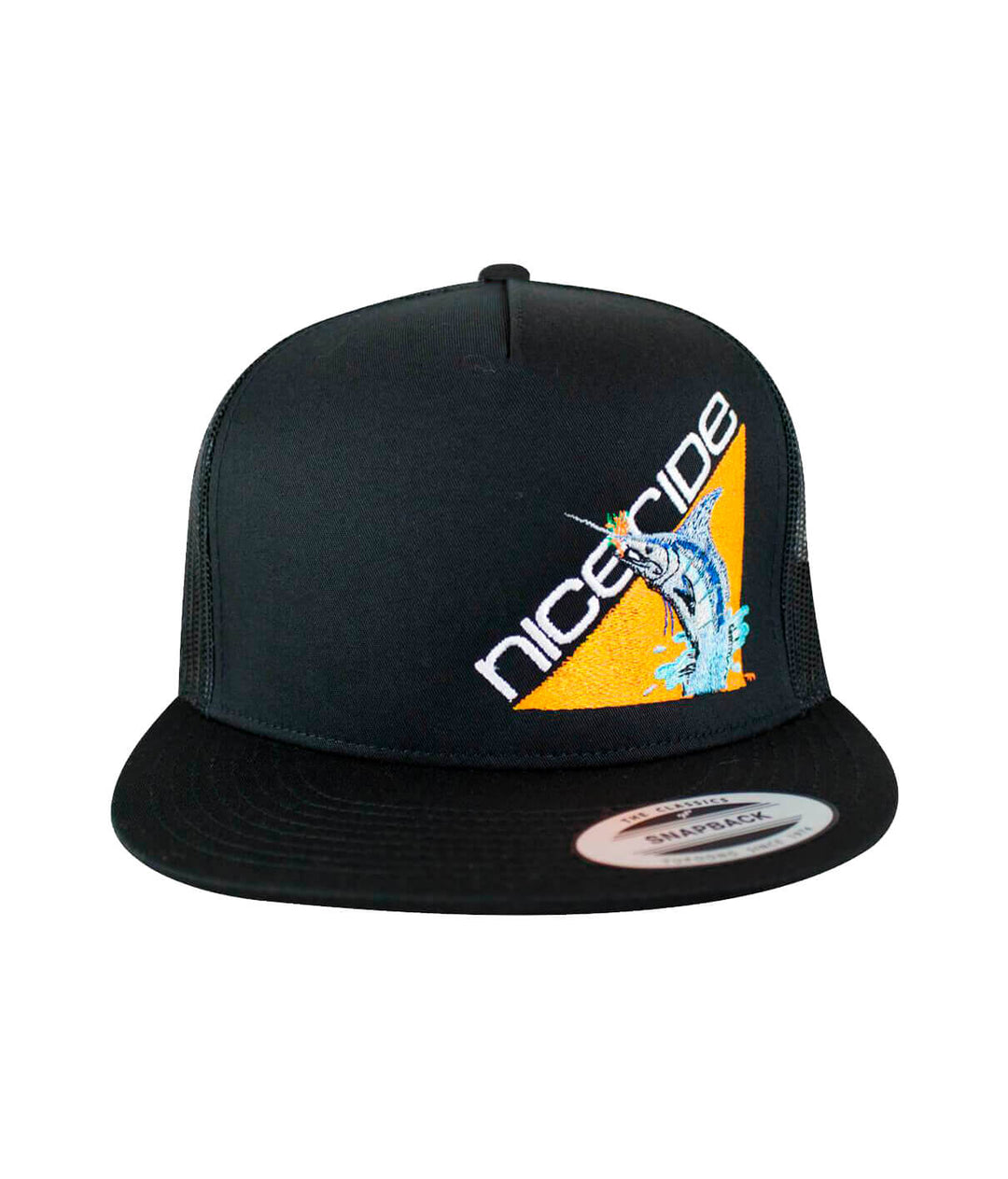Fin, Set, Sail Trucker Hat featuring NICERIDE design and classic palm logo on back, perfect hat for casual wear.