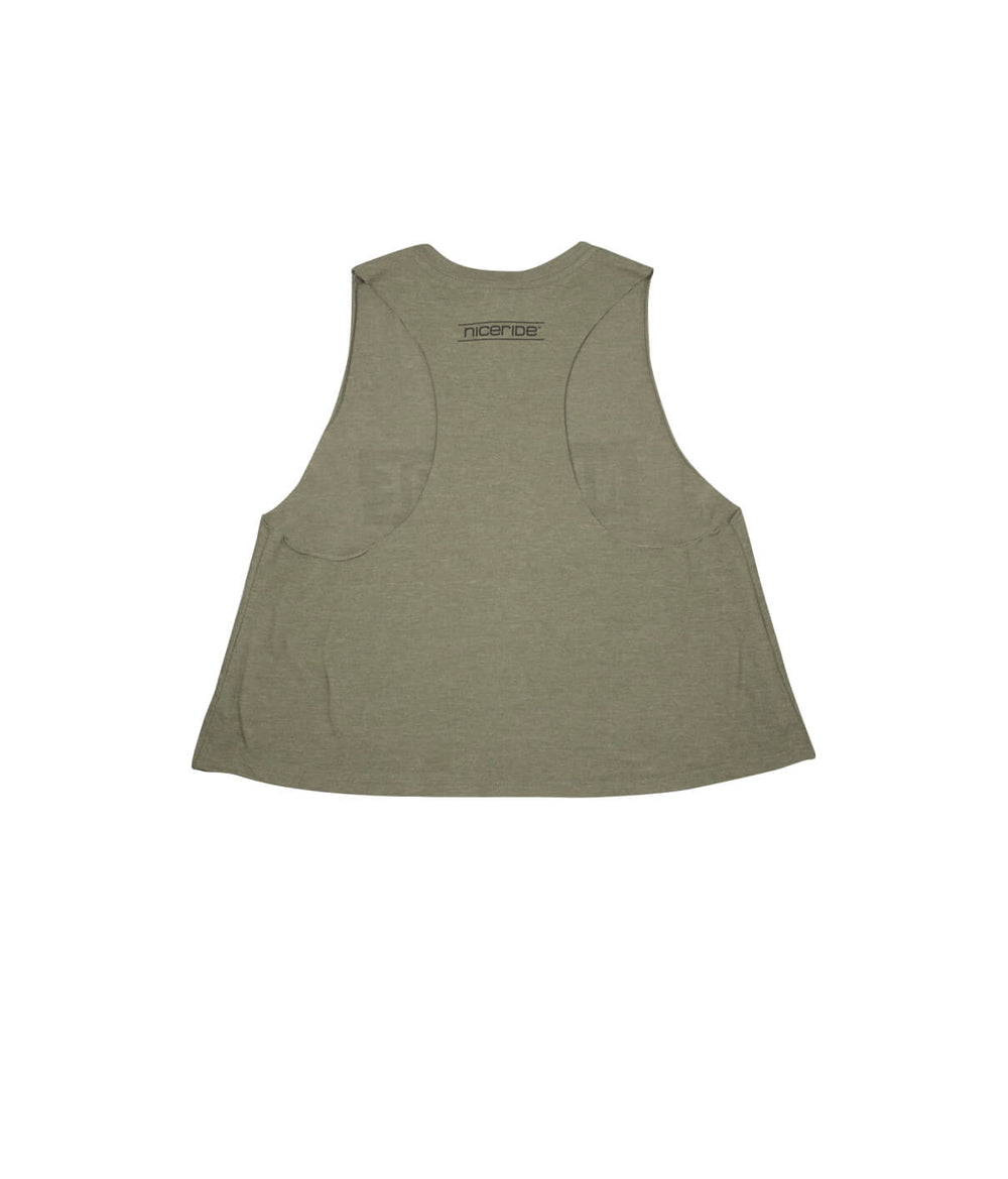 Back view of the Influencer Next Level Racerback Cropped Tank top in olive green with NICERIDE logo.
