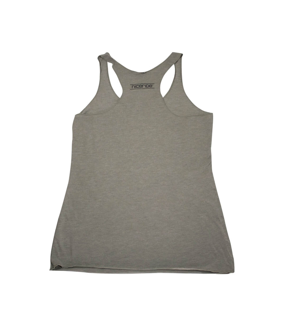 Next Level Women's vintage tank top in gray, featuring racerback design and NICERIDE logo.