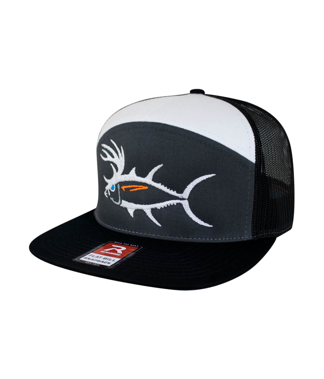 BUCK-EYE Explorer 7 Panel Trucker Hat for men and women with embroidered design, perfect accessory for outdoor adventures.