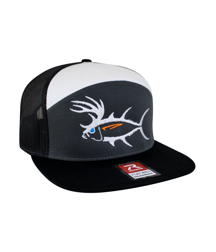 BUCK-EYE Explorer 7 Panel Trucker Hat For Men And Women, featuring embroidered fish design, side view.