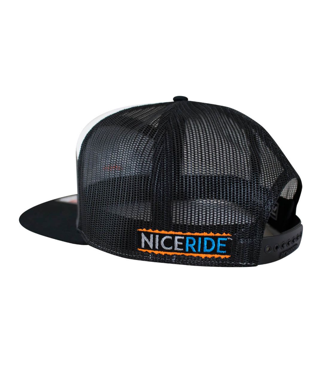 Back view of NICERIDE "BUCK-EYE" Explorer 7 Panel Trucker Hat, showcasing embroidery on a black mesh hat.