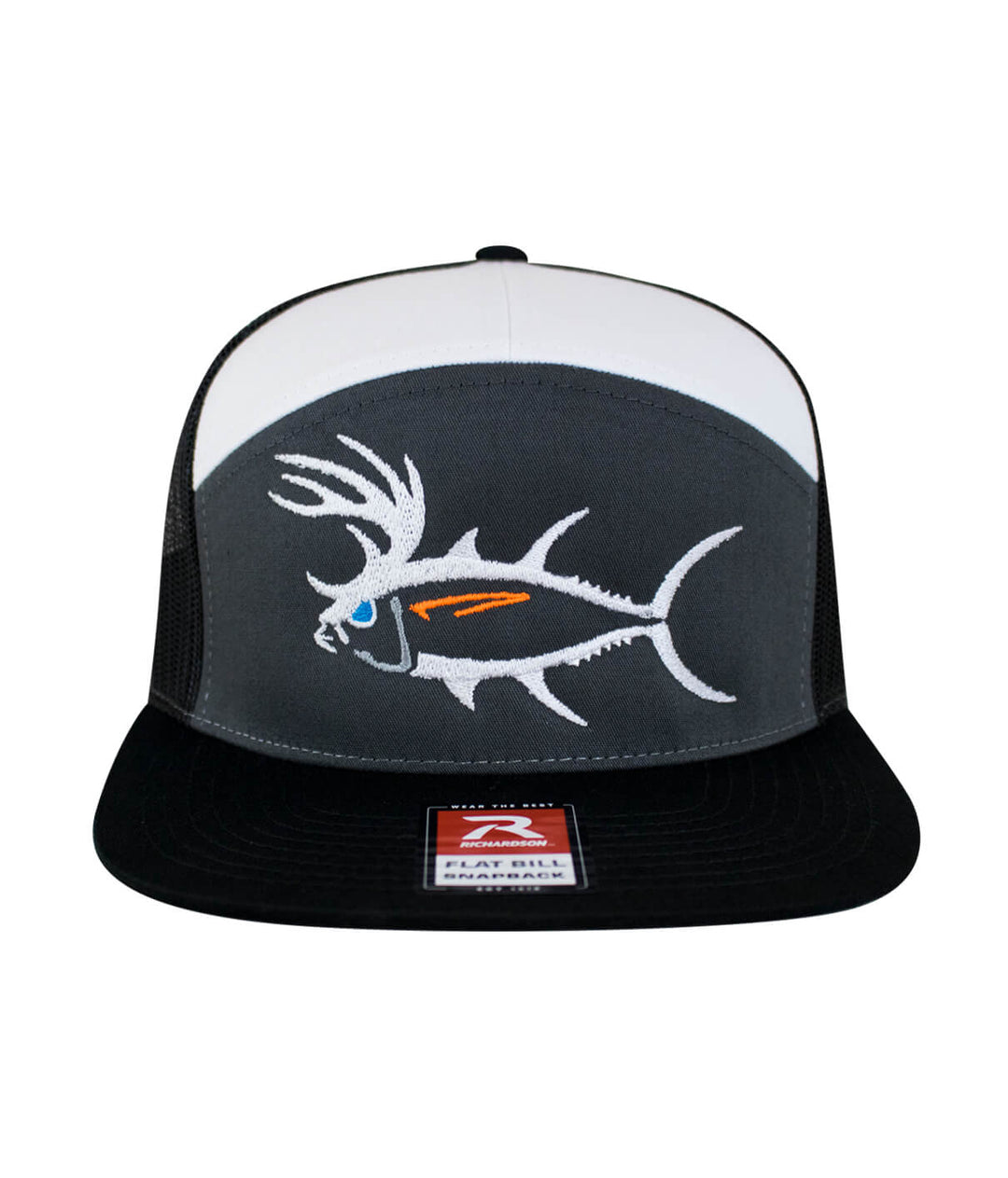 BUCK- EYE Explorer 7 Panel Trucker Hat for Men and Women with embroidered fish design.