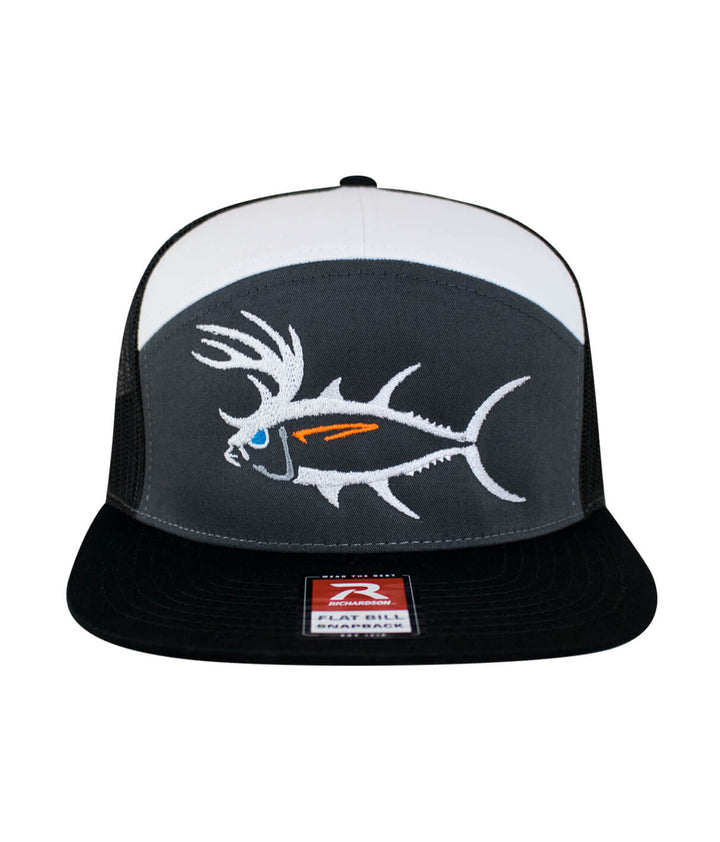BUCK- EYE Explorer 7 Panel Trucker Hat for Men and Women with embroidered fish design.