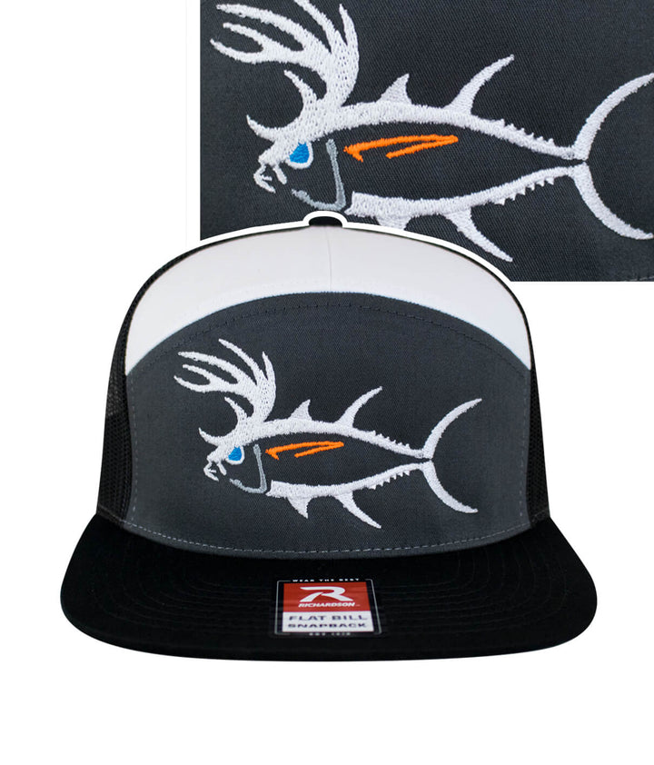 BUCK- EYE Explorer hat featuring embroidered fish design on a flat bill trucker cap for men and women.