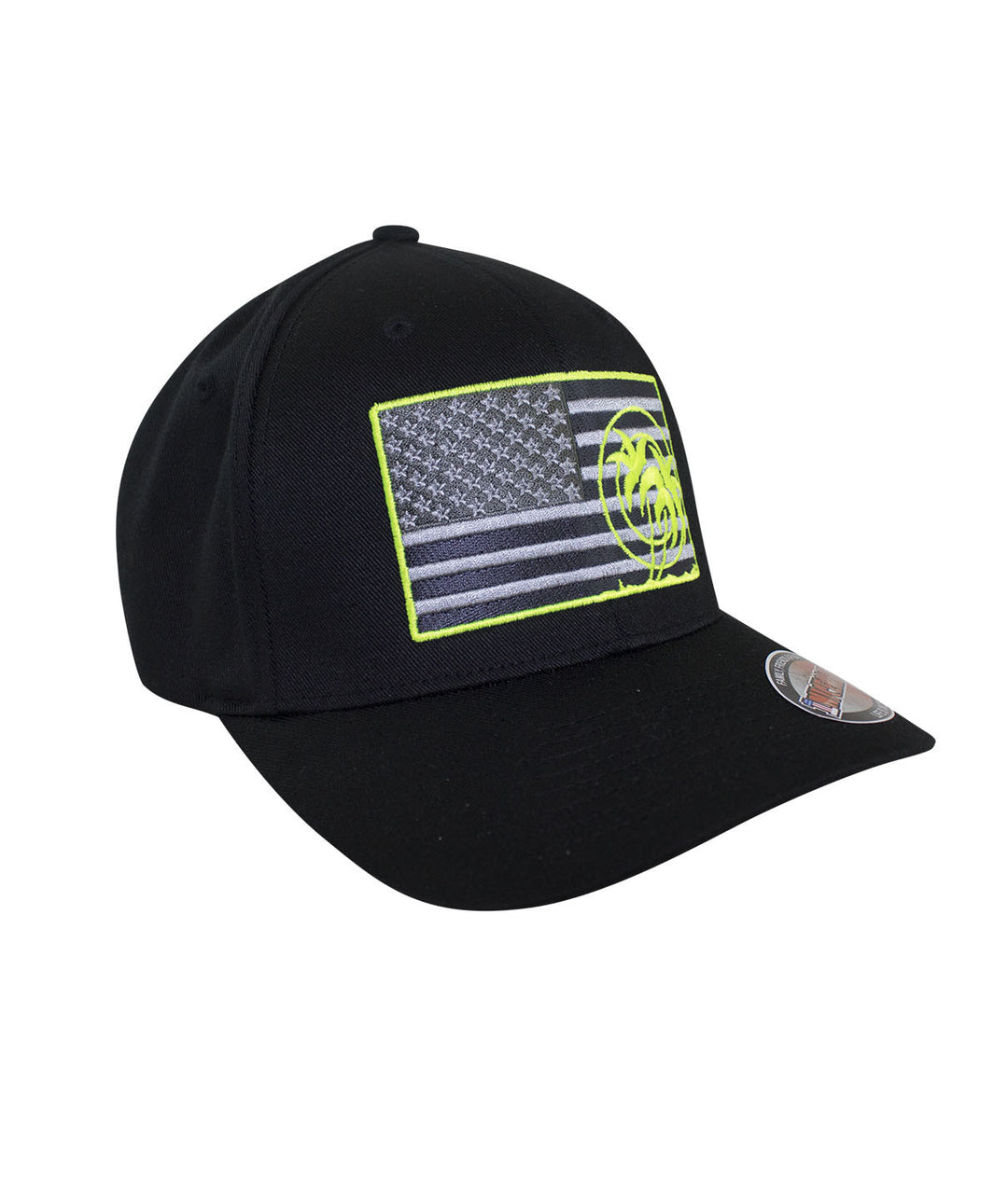 Strong - Neon Classic Flexfit Hat featuring American flag design and neon accents, showcasing the word &