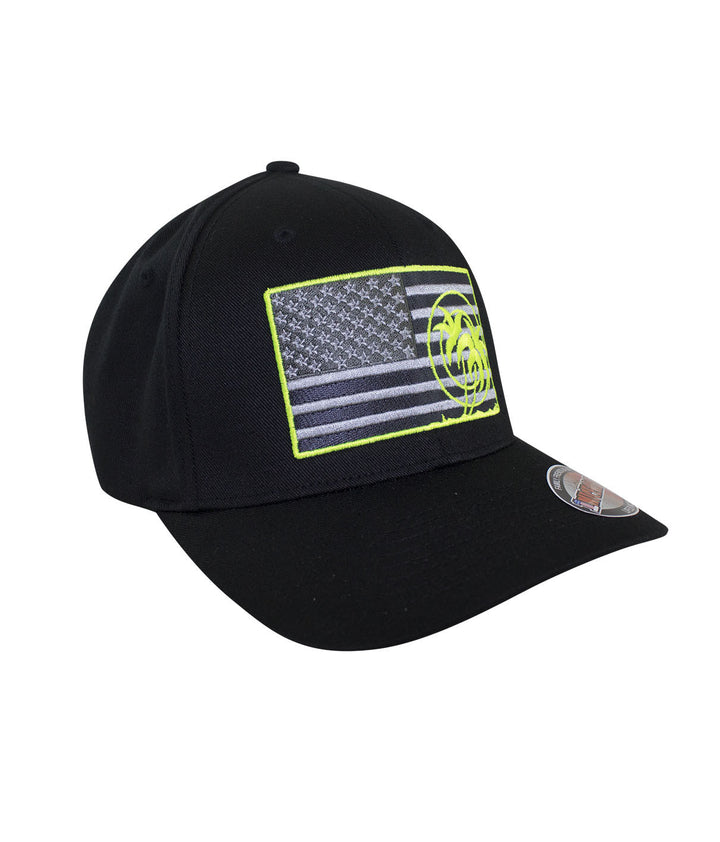 Strong - Neon Classic Flexfit Hat featuring American flag design and neon accents, showcasing the word &