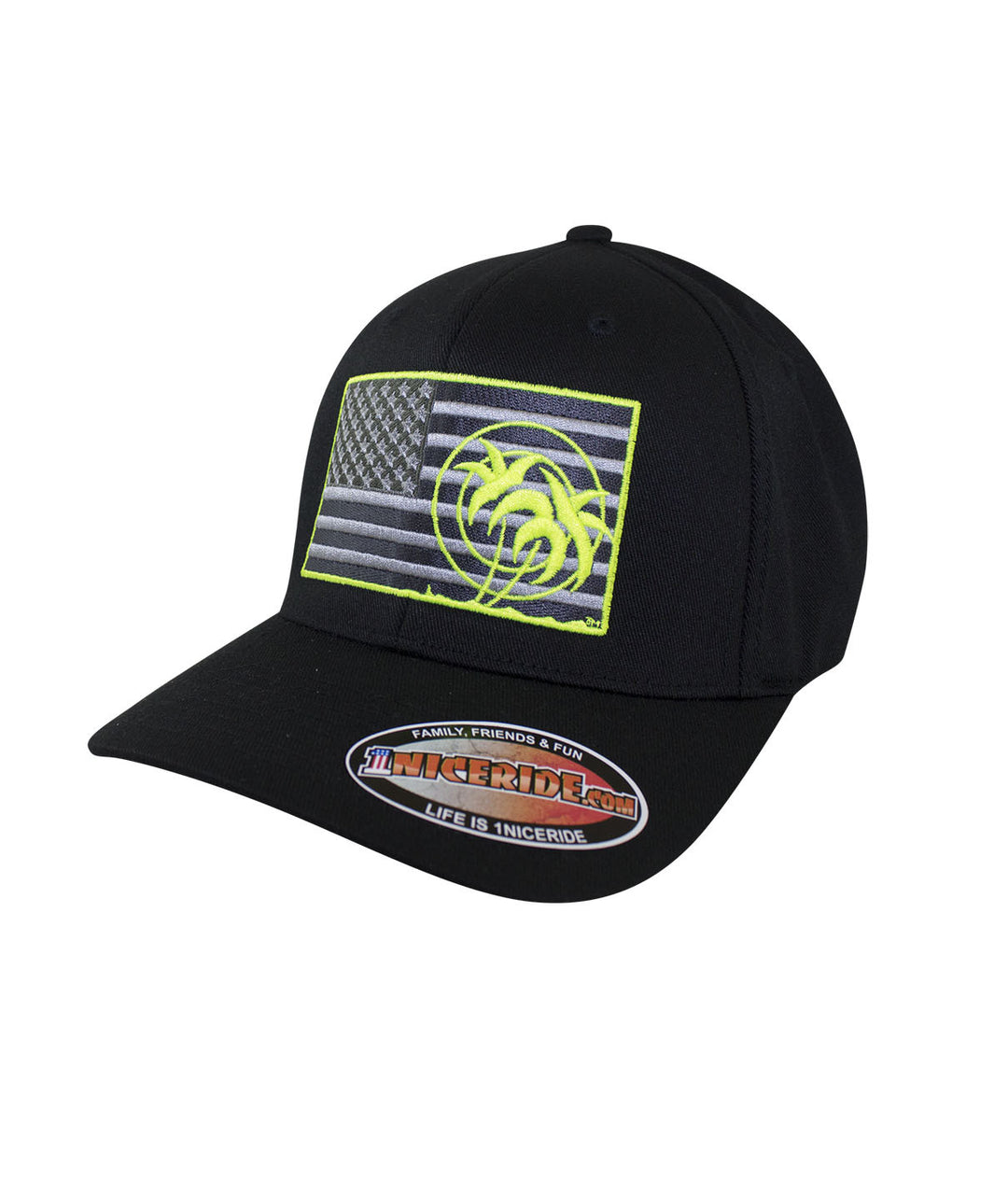 Strong - Neon Classic Flexfit Hat with American flag and neon accents.