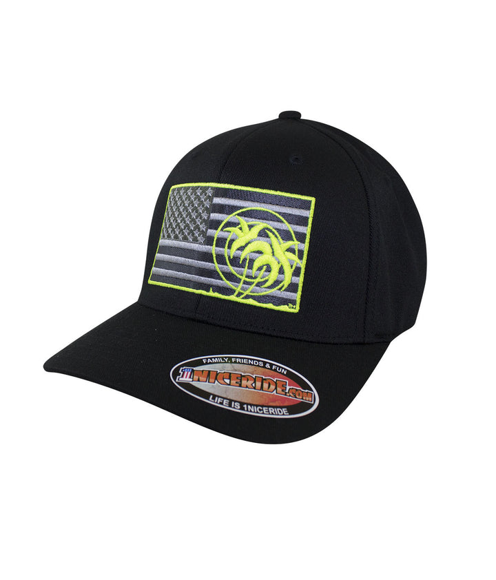 Strong - Neon Classic Flexfit Hat with American flag and neon accents.