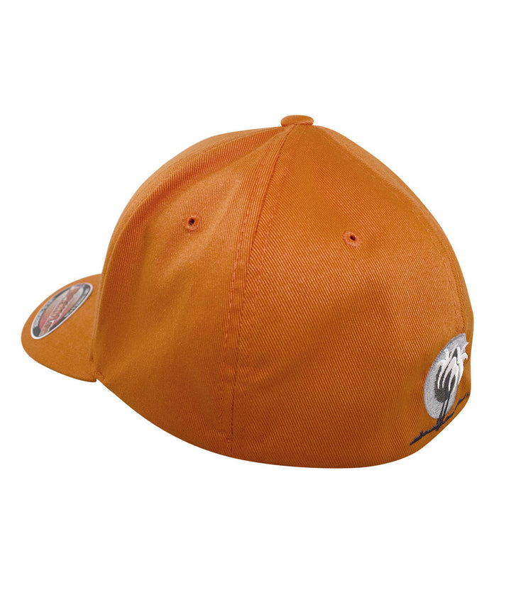Back view of Bold Tower Classic Flexfit Hat showing NICERIDE palm logo, vibrant orange color, and design details.
