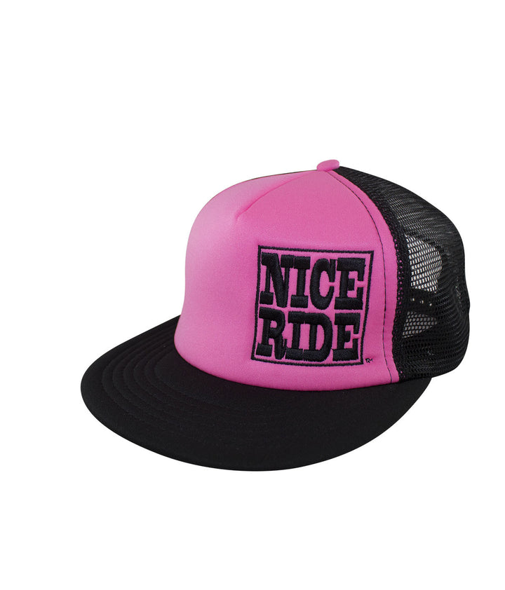 NR Trucker hat in pink and black with NICE RIDE embroidery, perfect for stylish outdoor looks.