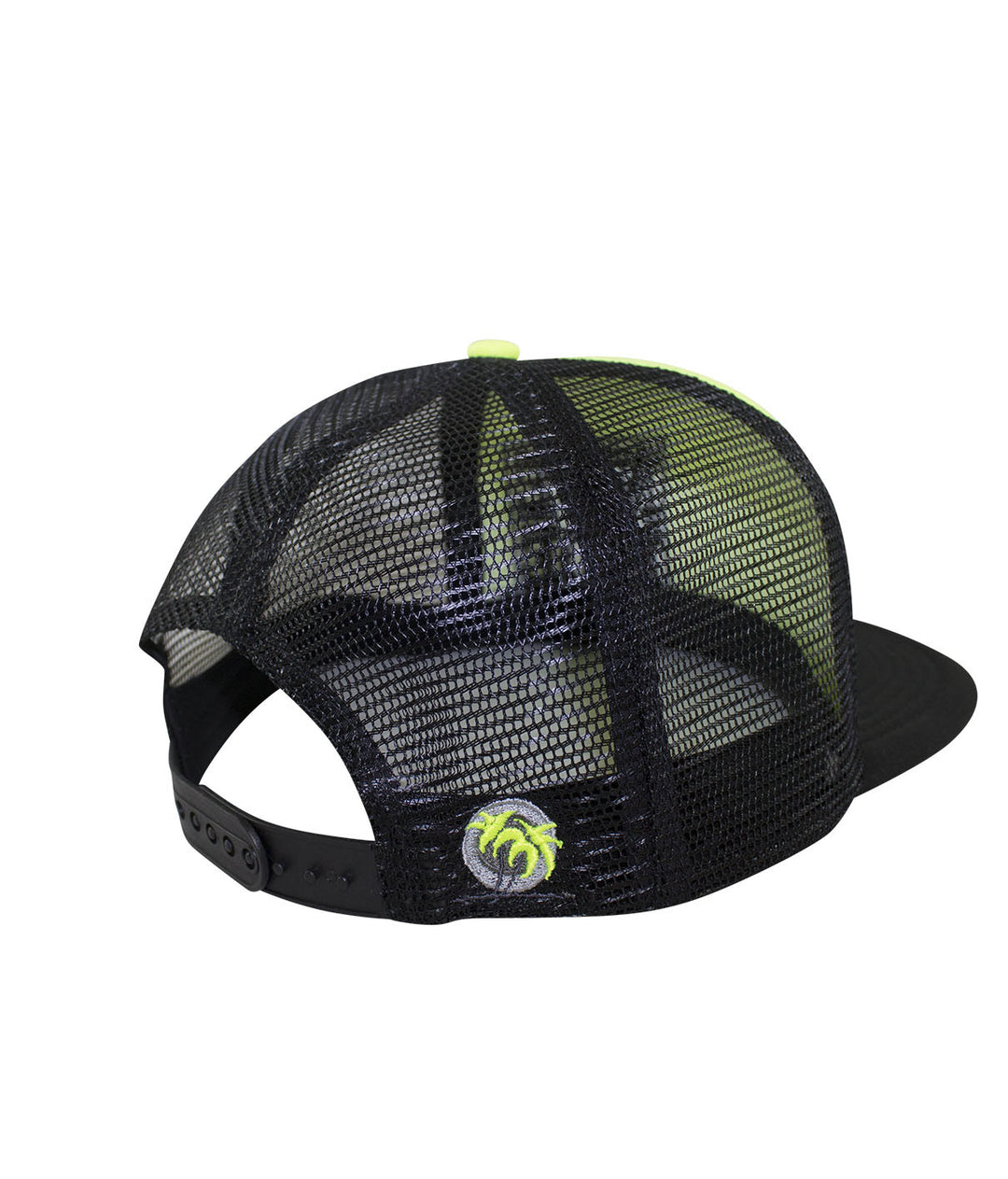 Rear view of NR Trucker hat showcasing black mesh and neon logo, perfect for casual outfits and outdoor activities.