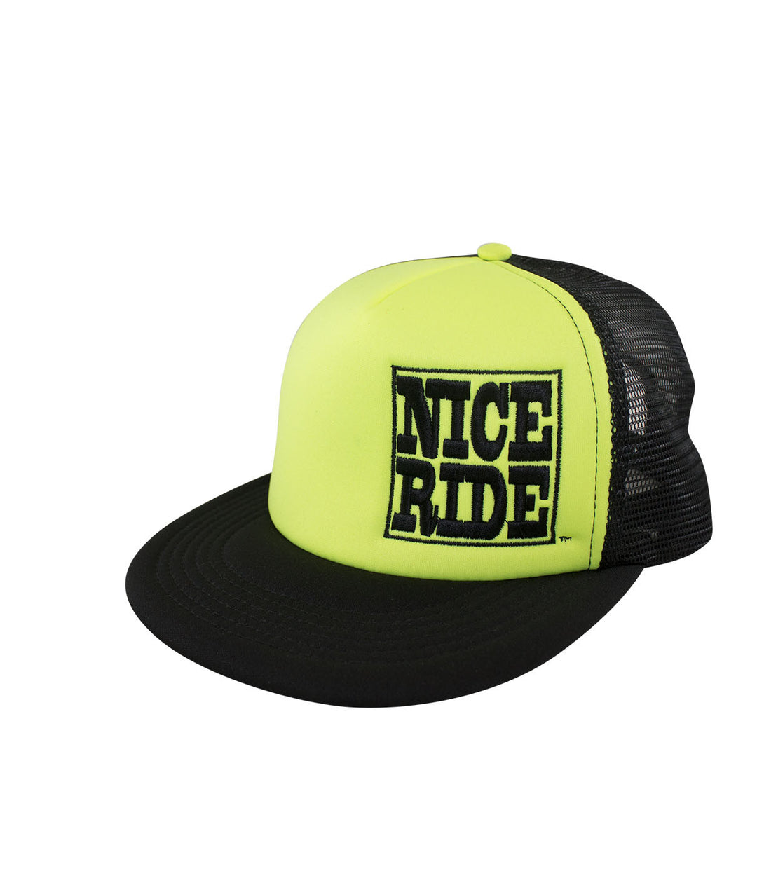 NR Trucker hat in neon yellow with NICE RIDE embroidered text and black mesh back.