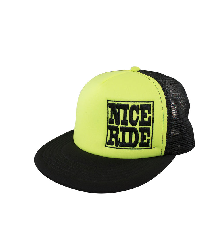NR Trucker hat in neon yellow with NICE RIDE embroidered text and black mesh back.