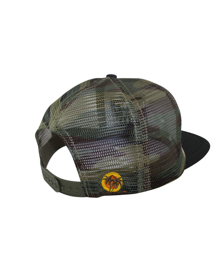 Back view of NR Trucker hat featuring camo mesh and classic palm logo, perfect for outdoor adventures.