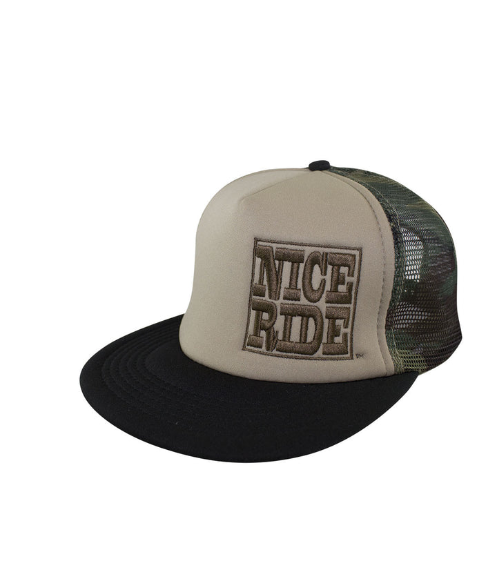 NR Trucker hat with embroidered NICE RIDE on front and mesh back, perfect for outdoor style.