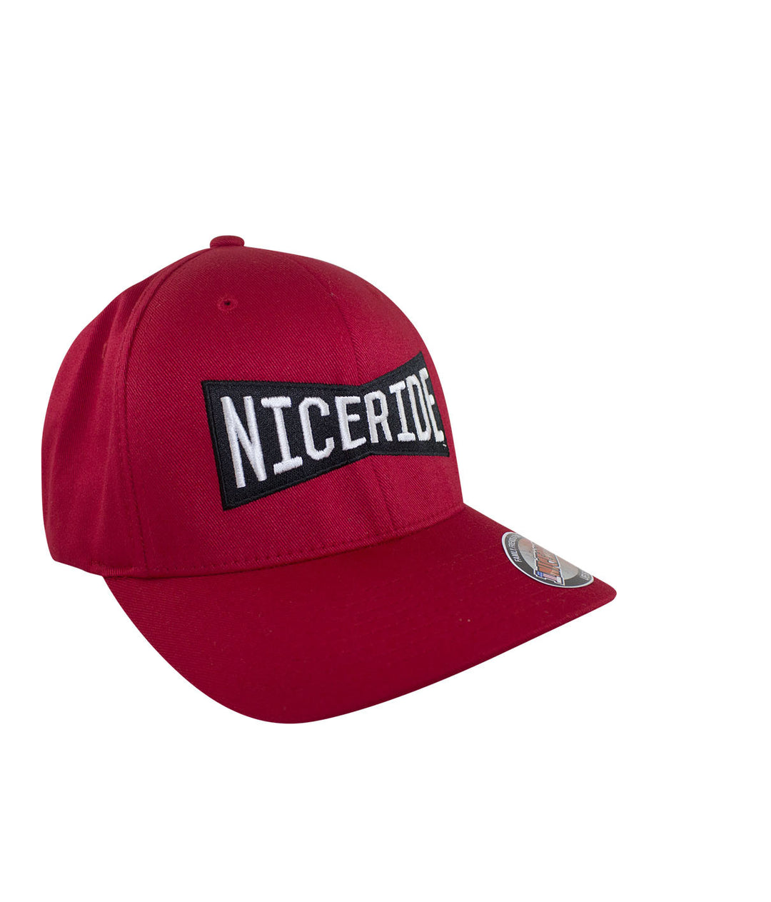 Classic Flexfit hat featuring NICERIDE logo in black on a red baseball cap.