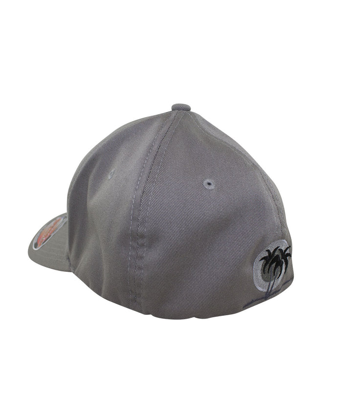 Back view of a gray hat featuring black palm logo embroidery on the side, perfect for casual wear.